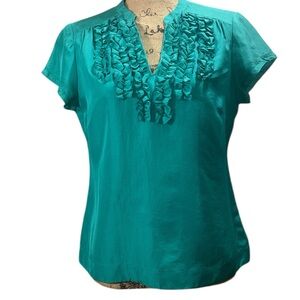 Boden Blue Green Flutter Sleeve Blouse with Mandarin Collar